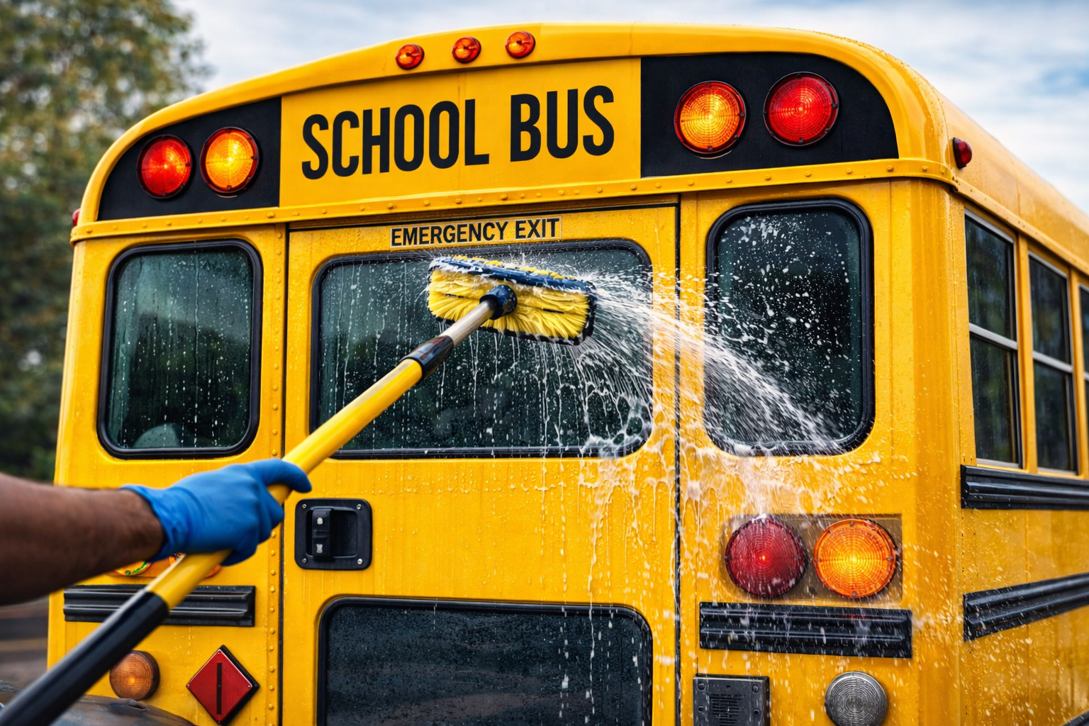 A person in blue gloves cleaning the rear window of a yellow school bus with a pressure washer, water spraying onto the window, which is marked with an emergency exit sign.