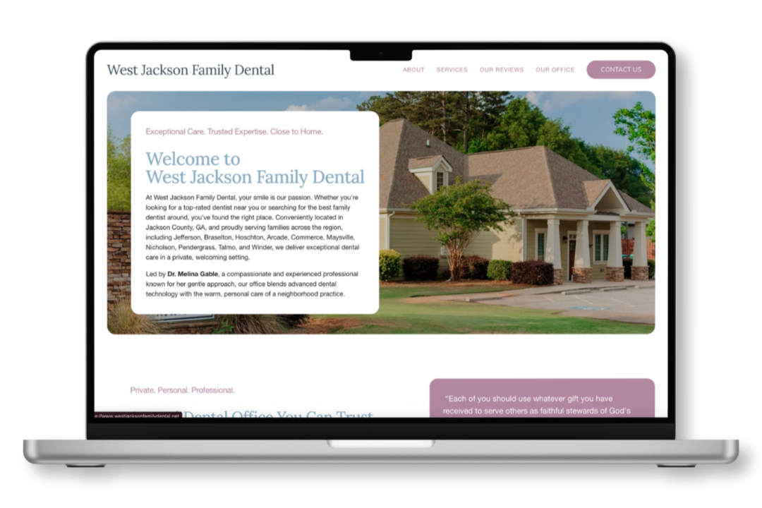 Computer mockup showing website design for West Jackson Dental family-owned dental practice