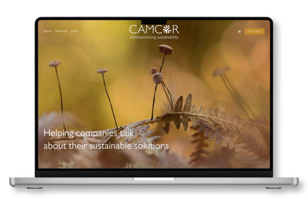 Computer mockup showing website design for Camcor nonprofit focused on sustainability and environmental communication