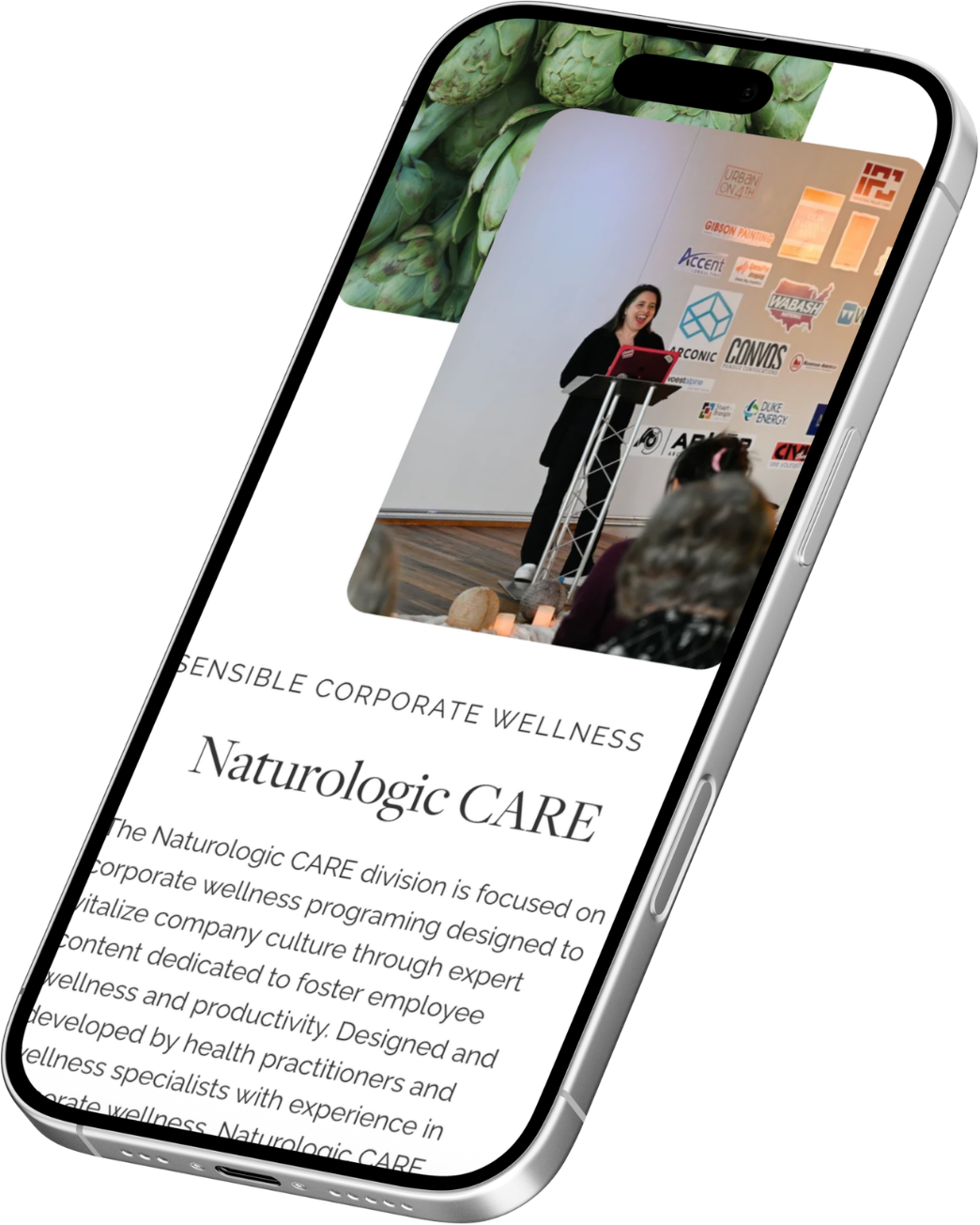 Phone mockup displaying a responsive website design optimized for mobile use