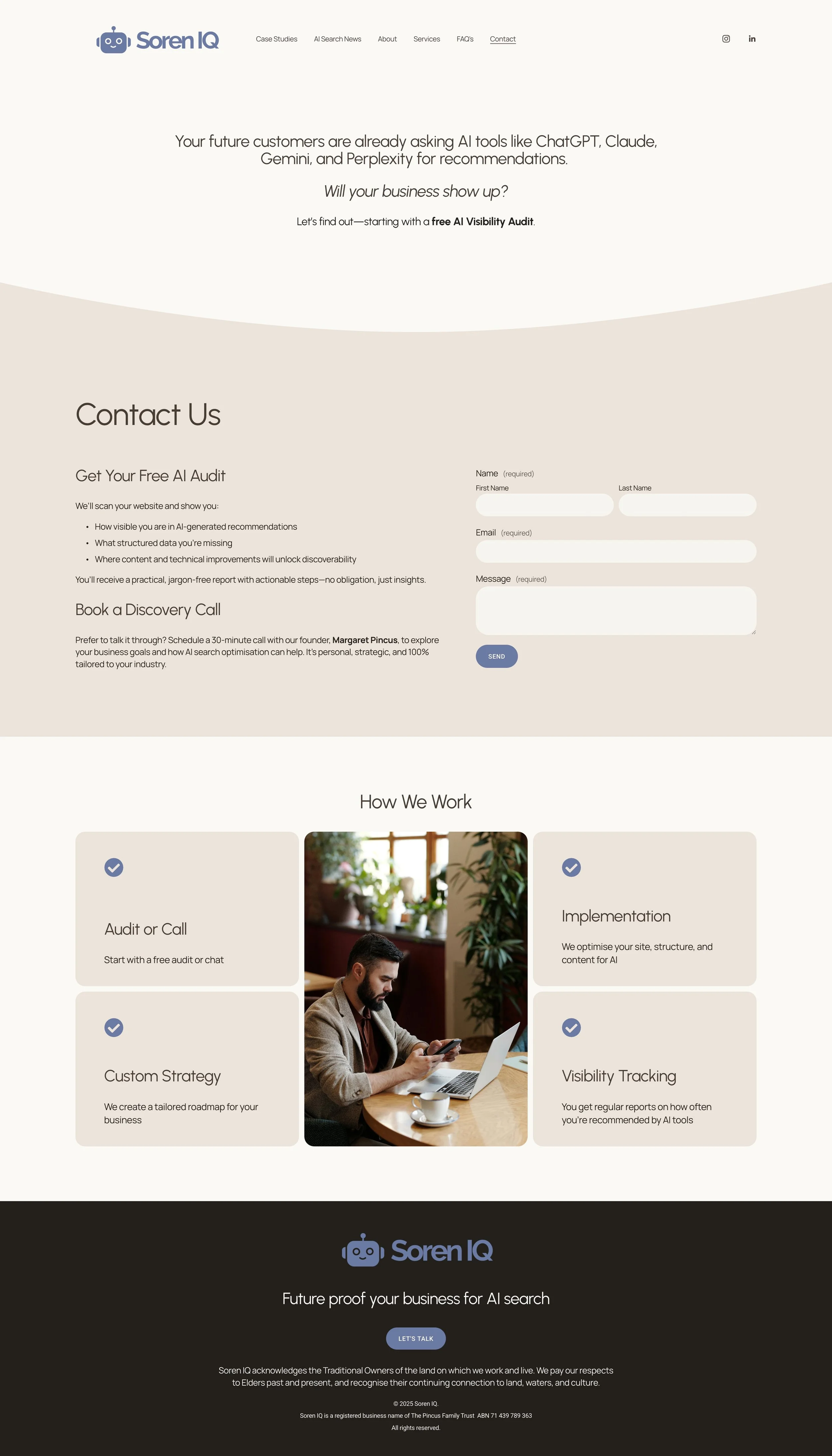 Full page screenshot showing additional sections of the Soren IQ professional services website