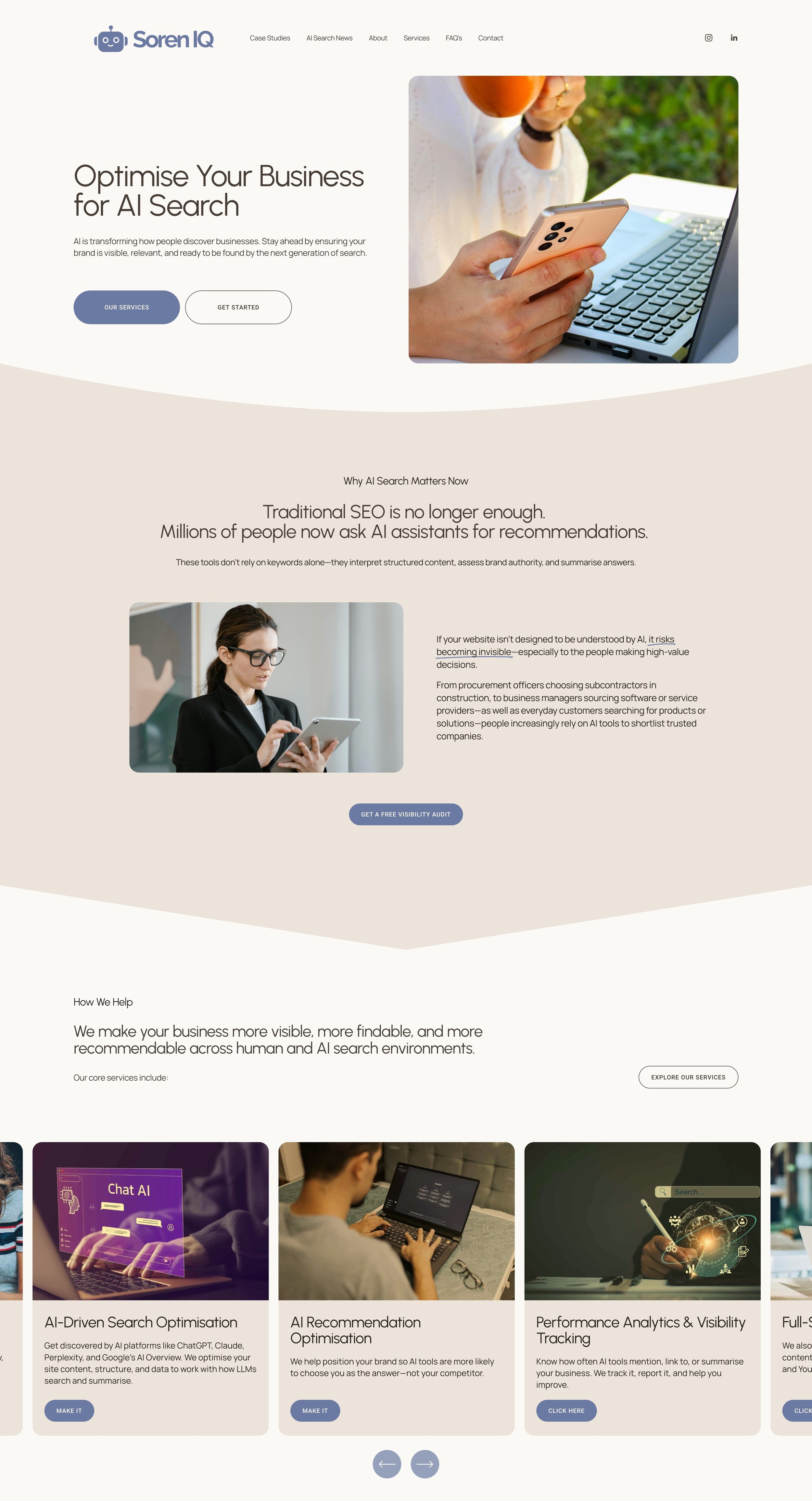 Full page screenshot of Soren IQ website for a professional services business