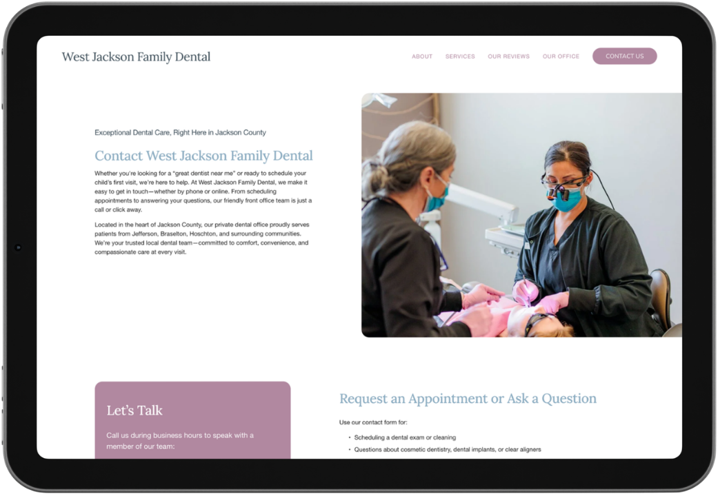 iPad mockup showing website design for West Jackson Dental, a family-owned dental practice