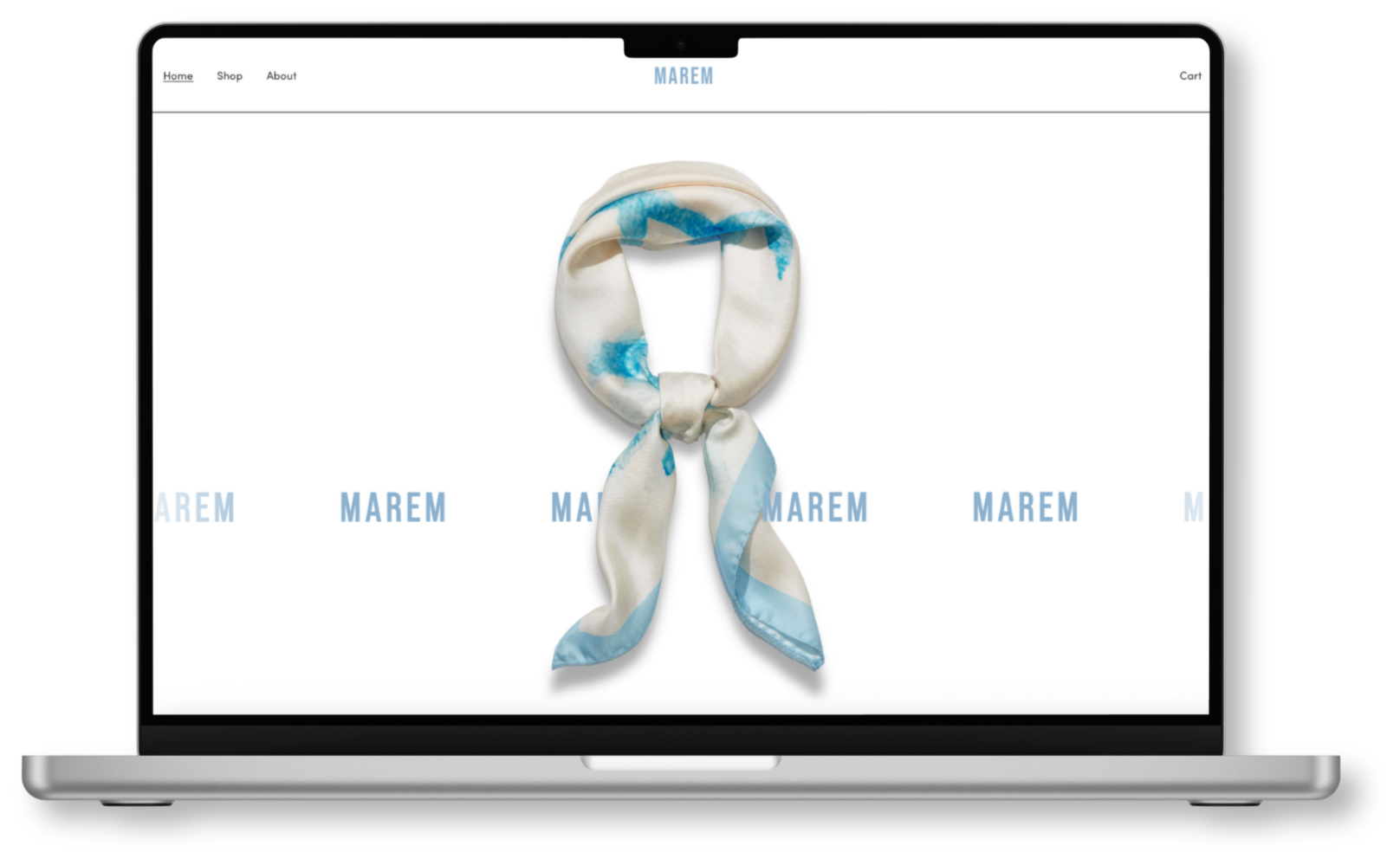 Desktop mockup displaying ecommerce website for Marem Scarves online retail store
