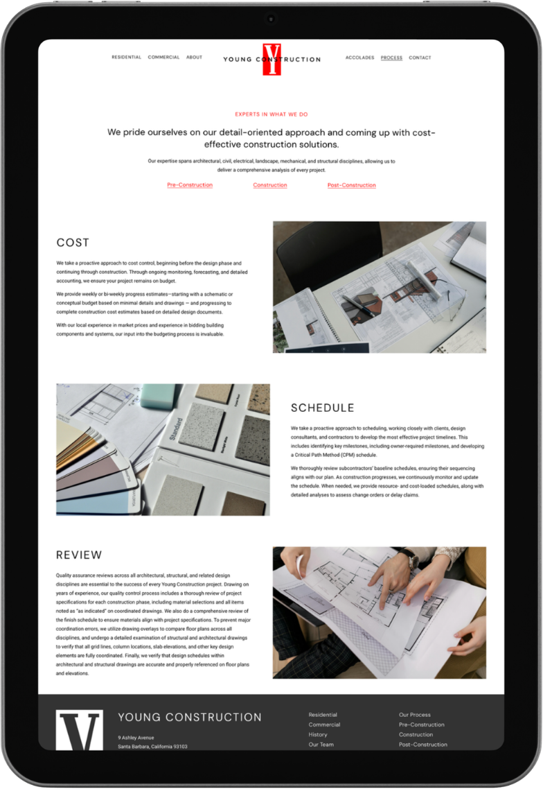iPad mockup showing website design for Young Construction residential and commercial builder