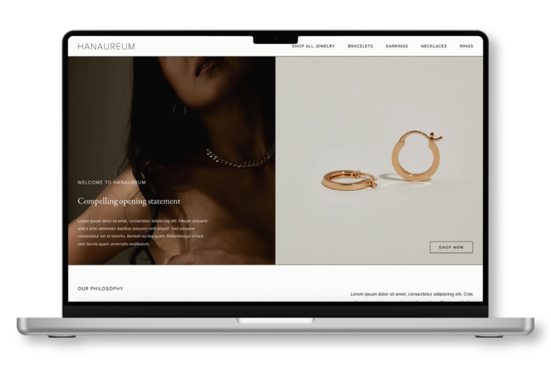Computer mockup showing ecommerce website design for Hanaureum luxury jewelry retail brand