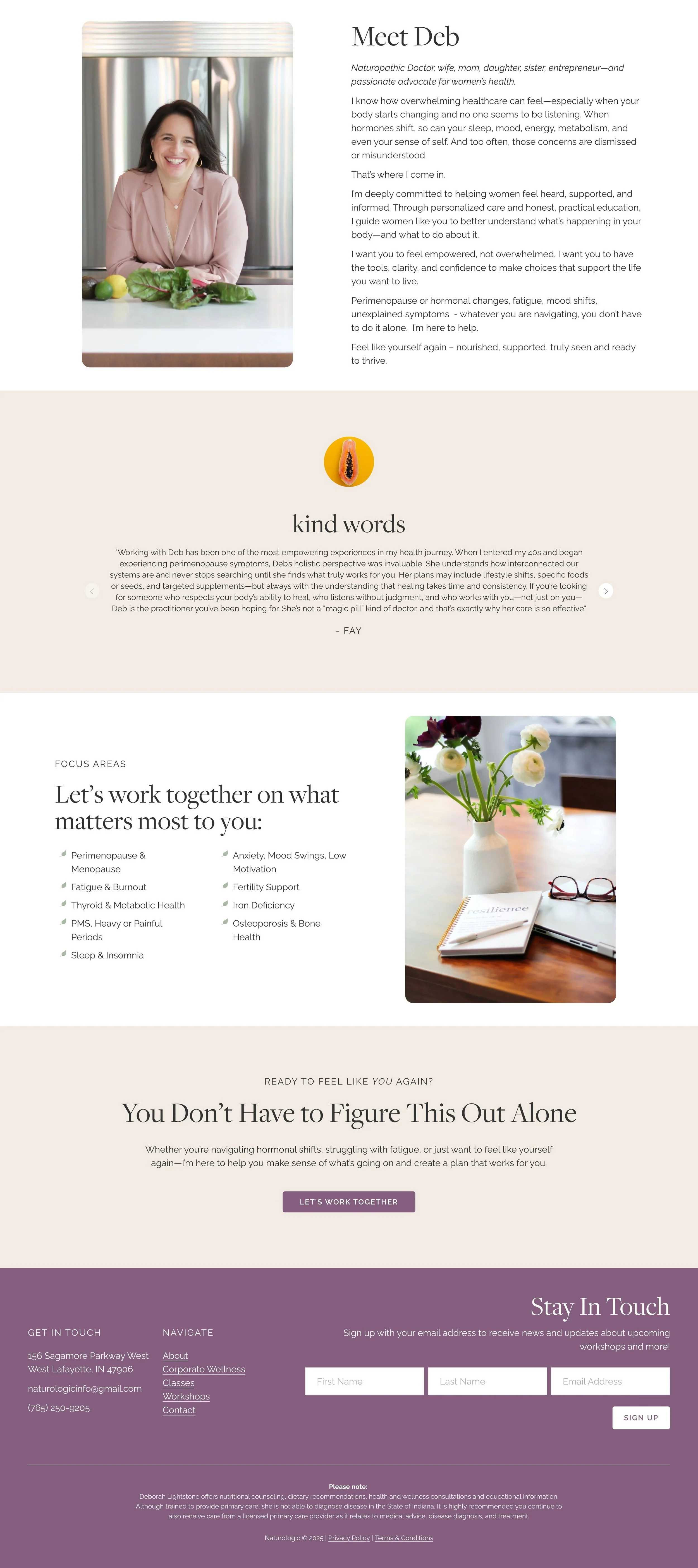 Full page screenshot showing additional sections of the Naturologic holistic women’s health website