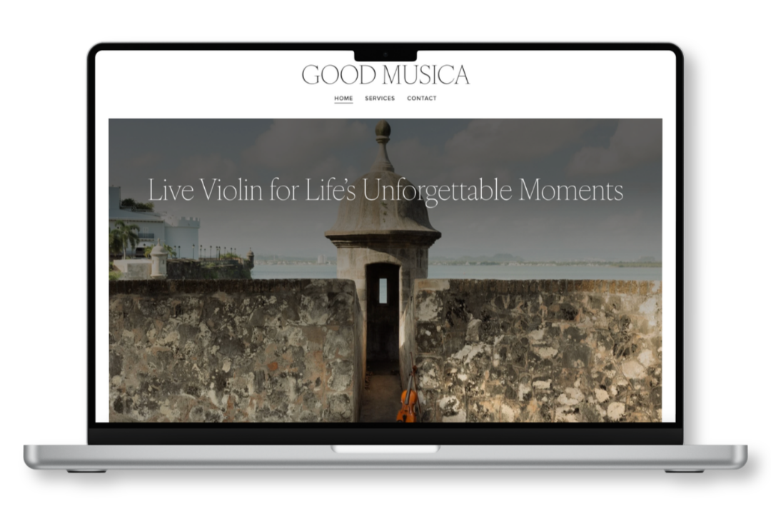 Computer mockup showing website design for Good Musica live violinist for events and bookings