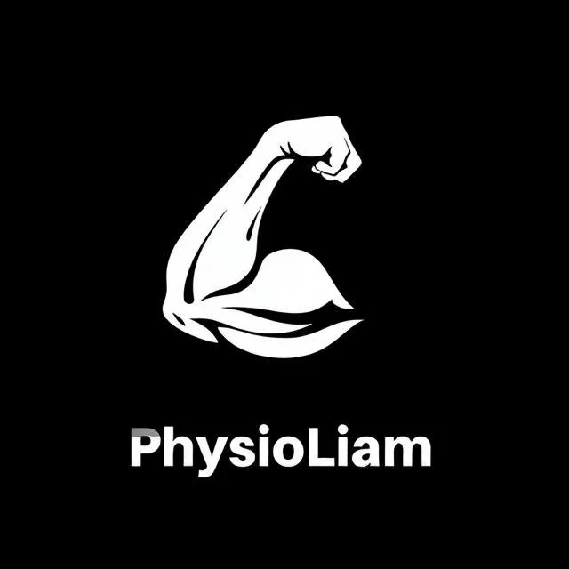 A graphic of a muscular flexed arm with a bicep, black background, and the text 'PhysioLiam' underneath.
