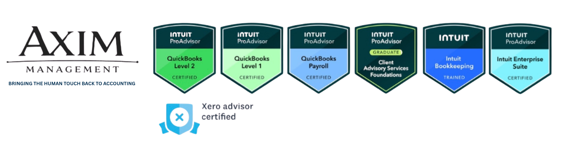 A digital graphic showing various certification badges for Intuit ProAdvisor, including QuickBooks Level 2, Level 1, Payroll, Client Advisory Services Foundations, Bookkeeping, and Enterprise Suite