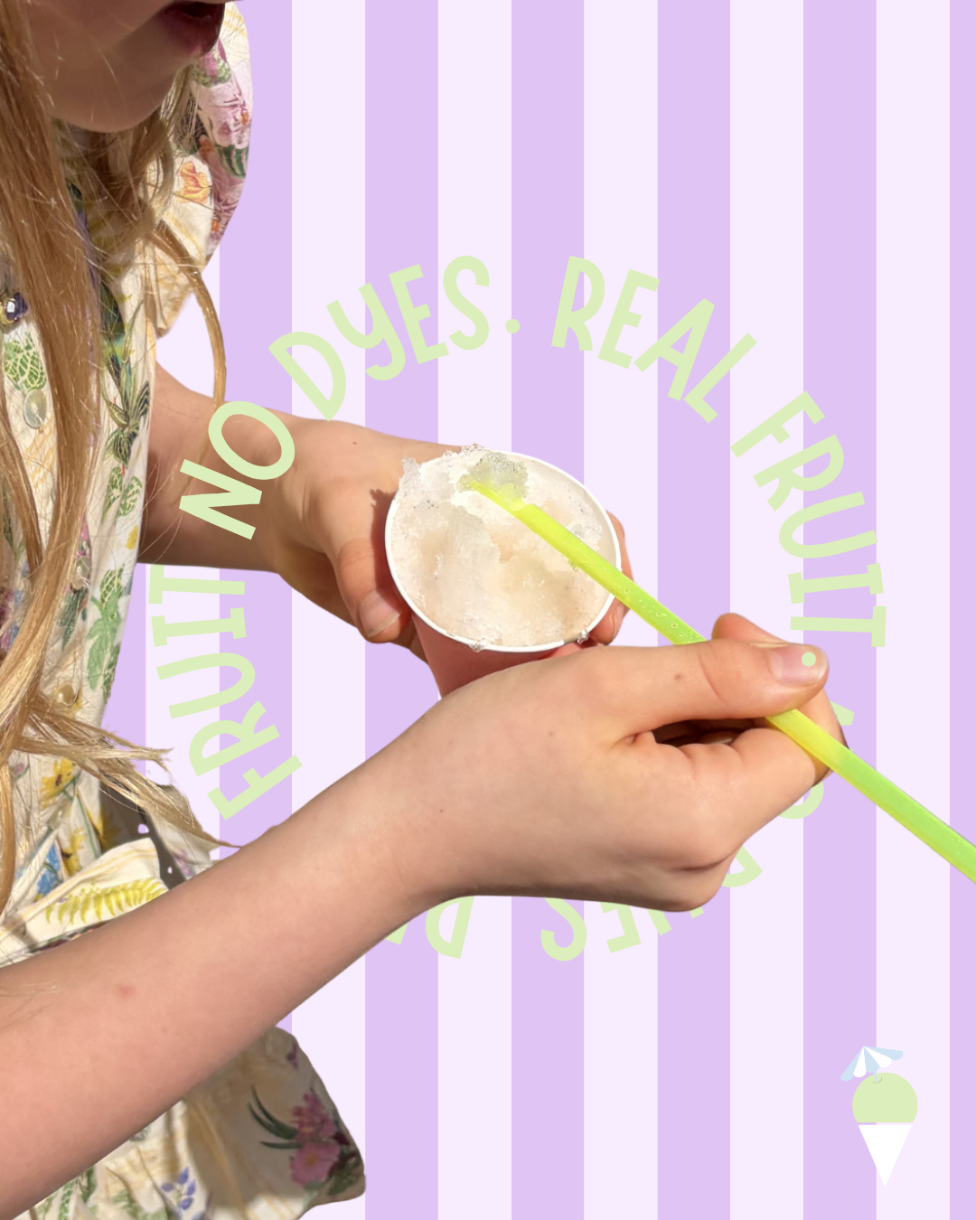 straiped purple background with a cuton out of a girl eating a snowcone and no dyes. real fruit typed around it