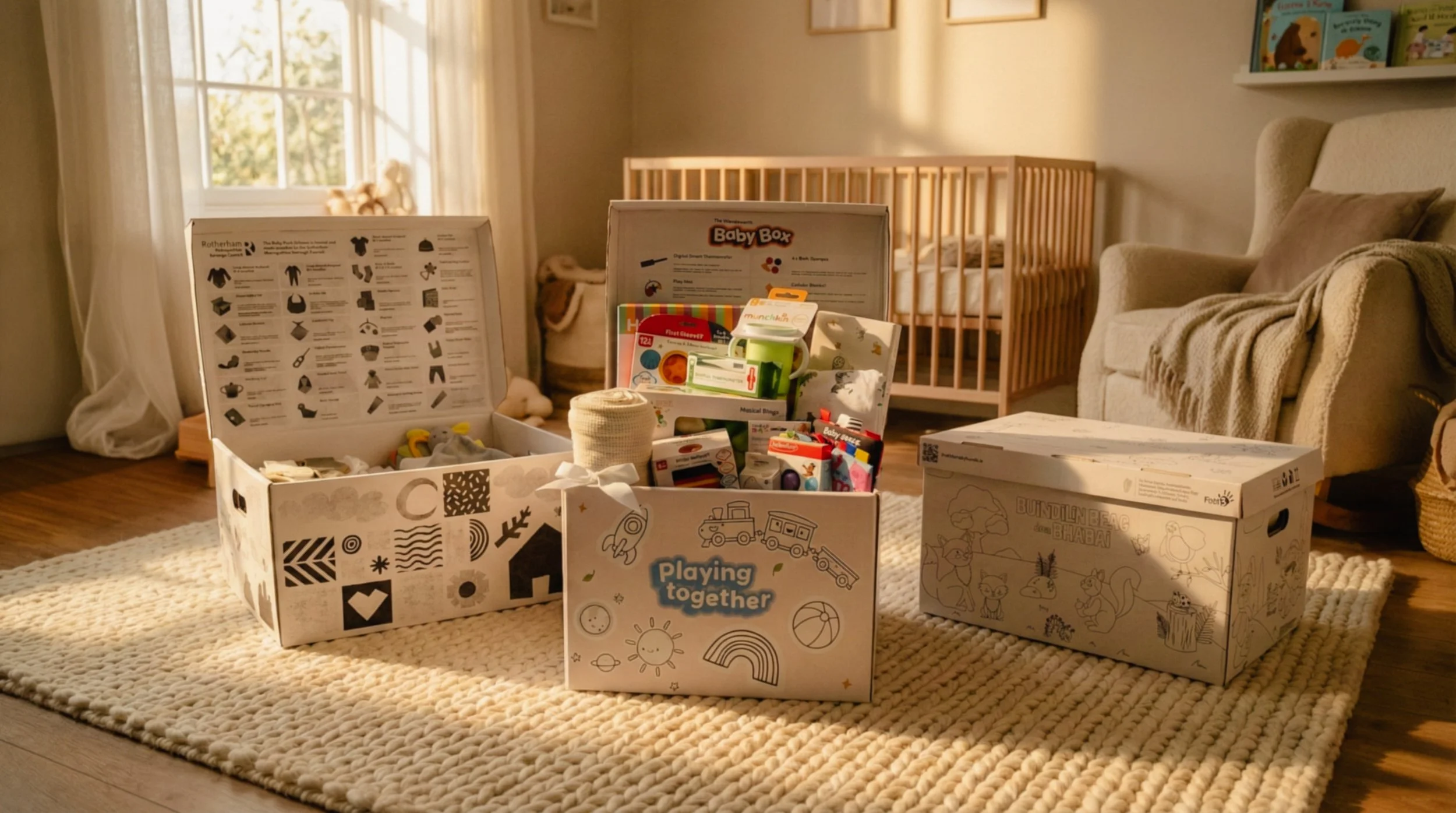 A cozy nursery room with boxes of children's toys and books on a rug, a wooden crib, a plush armchair with a blanket, and a large window with curtains letting in natural light.