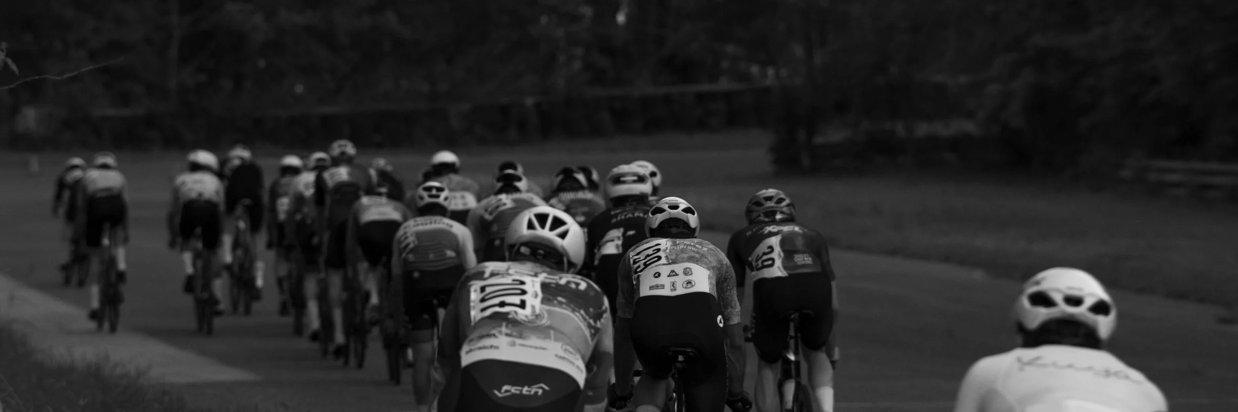 A group of cyclists riding on a paved road, viewed from behind, in black and white.