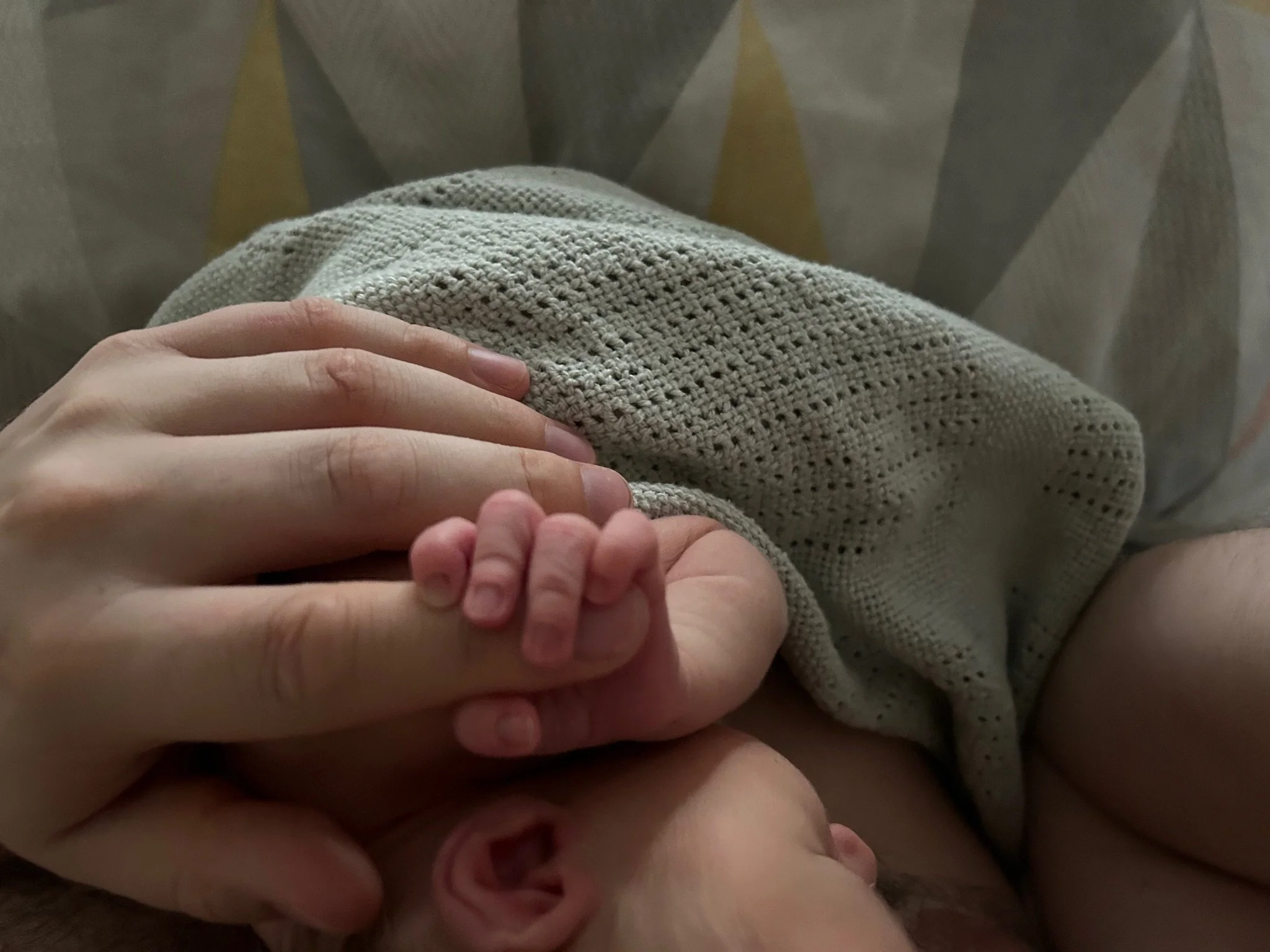 Close-up of a hand holding baby's hand, wrapped in a blanket.