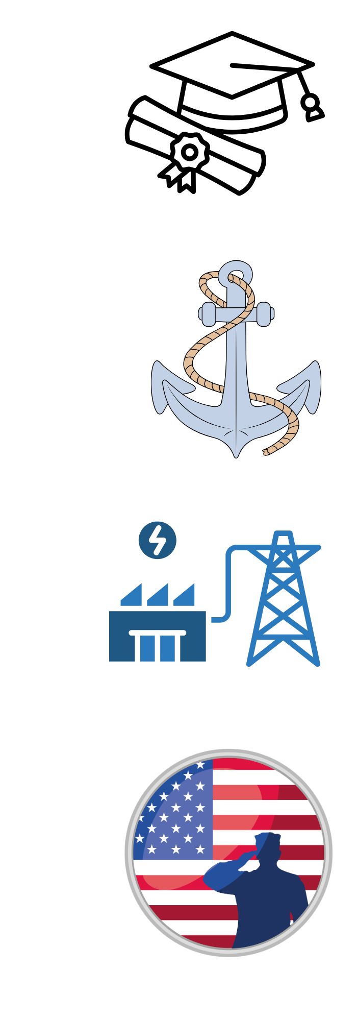 A nautical-themed graphic with a blue anchor and a rope, a cityscape with blue buildings, and a silhouette of a saluting man inside a badge featuring the American flag.