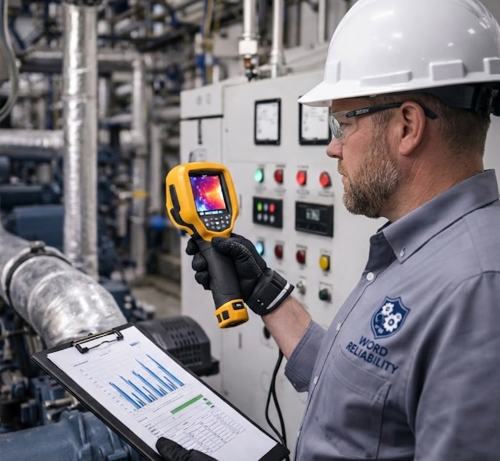 A technician in a hard hat and safety glasses uses a thermal imaging device to inspect equipment in an industrial setting, holding a tablet with charts and data.