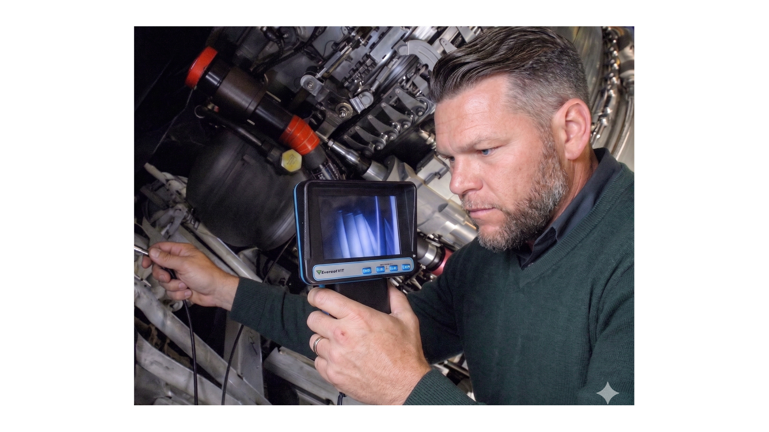 A man wearing a green sweater uses a handheld diagnostic device to inspect an aircraft engine.