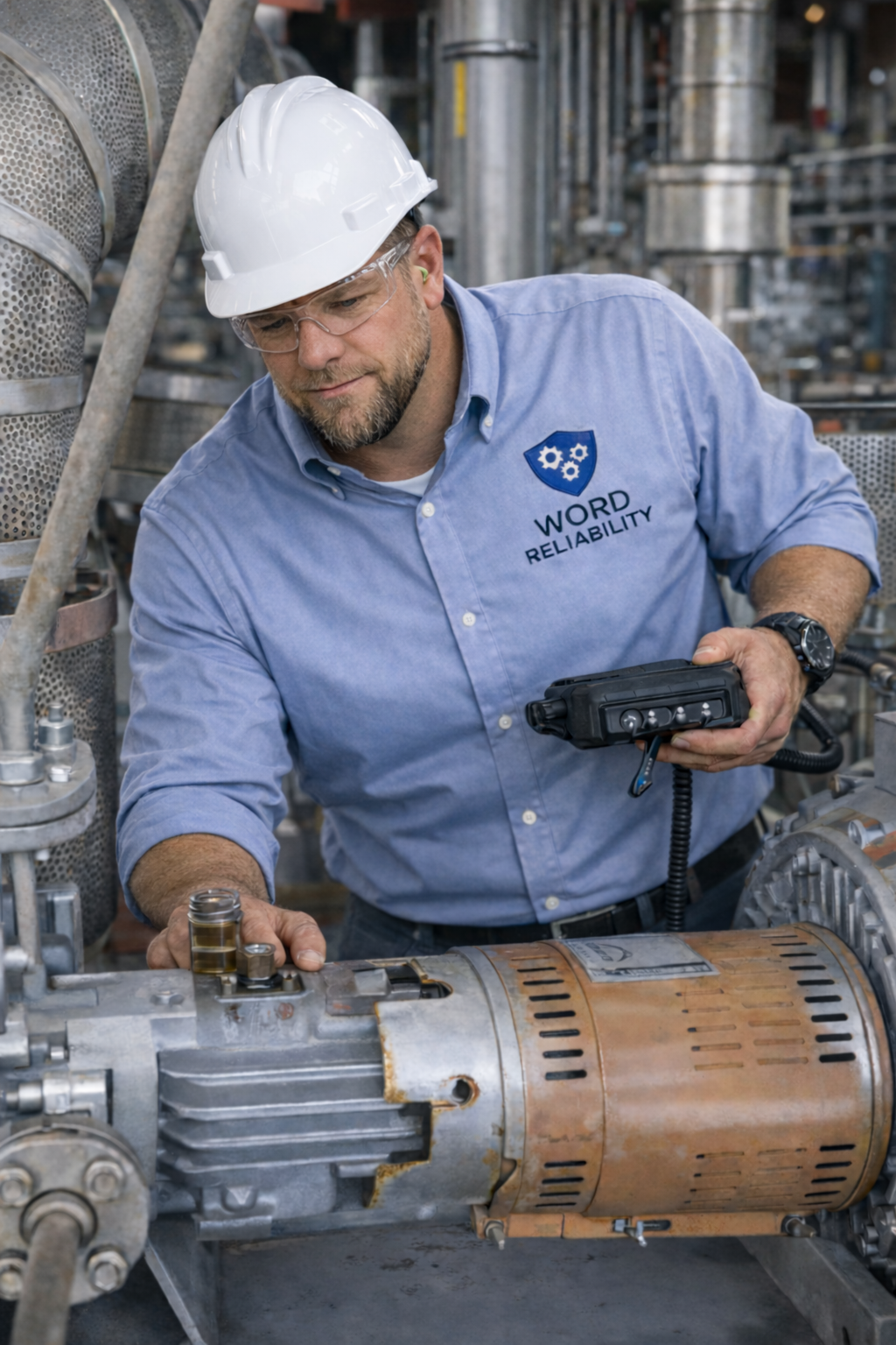 A man wearing a white safety helmet, safety glasses, and a light blue shirt with a Word Reliability logo inspects industrial machinery in a factory or plant.