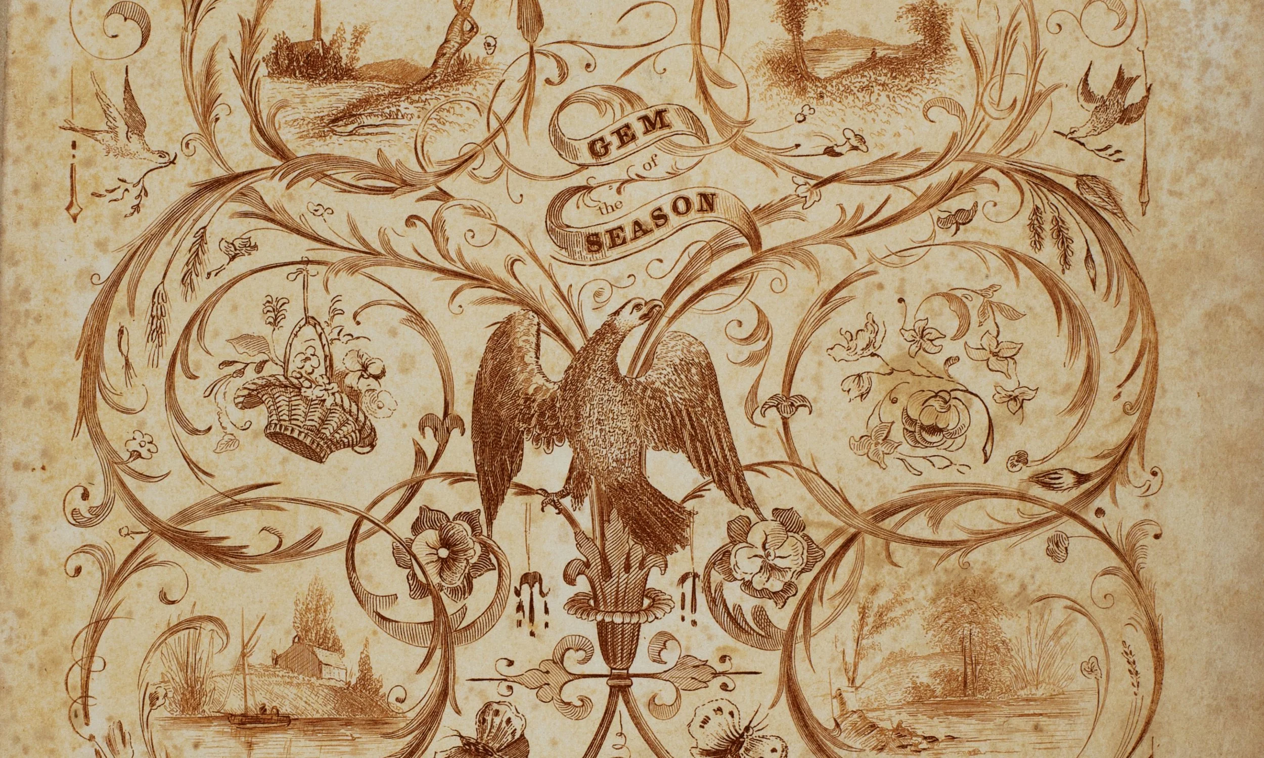 Vintage botanical illustration titled 'Gem of the Season,' featuring detailed sketches of birds, plants, and scenic landscapes, with intricate floral patterns and a central eagle emblem.
