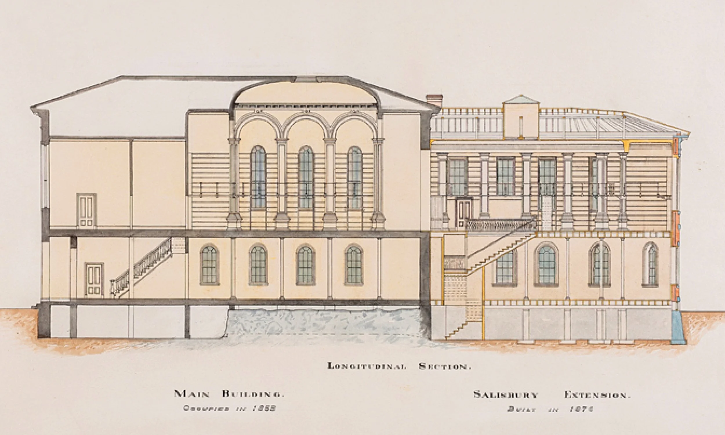 Detailed architectural drawing of a historic building, showing a cross-sectional view with multiple floors, staircases, windows, and structural details. The image is labeled "Longitudinal Section" and includes text indicating the main building was co