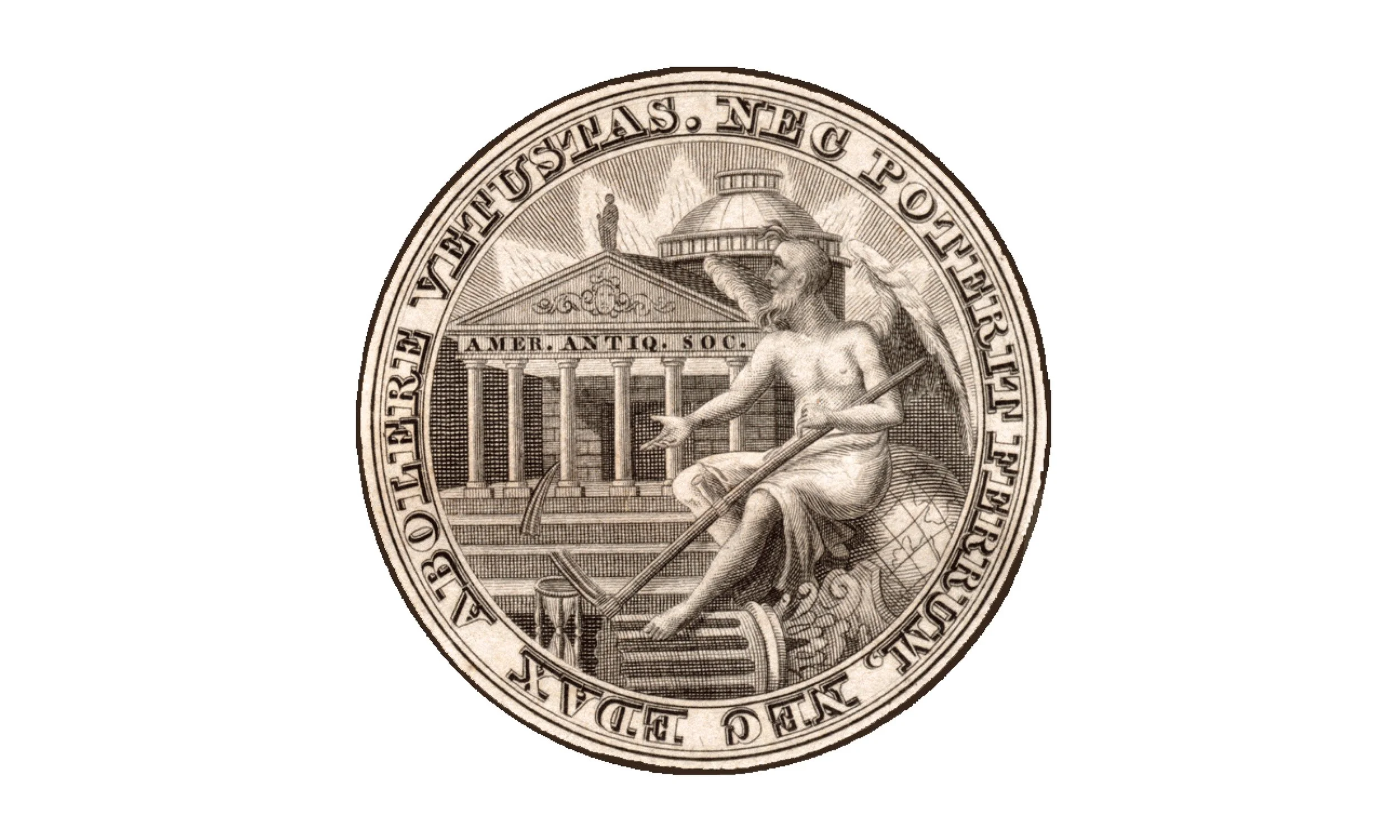 An ornate coin featuring a seated figure with wings, holding a staff and pointing, with a building and statue in the background.