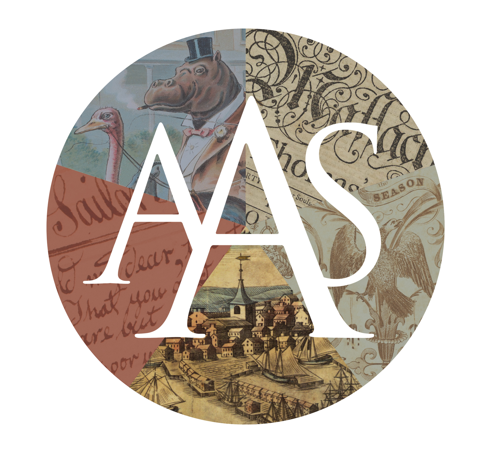 A collage of vintage illustrations and handwritten text arranged inside a circular format with the letters 'AAS' prominently cut out in the center. American Antiquarian Society, Worcester, Massachusetts