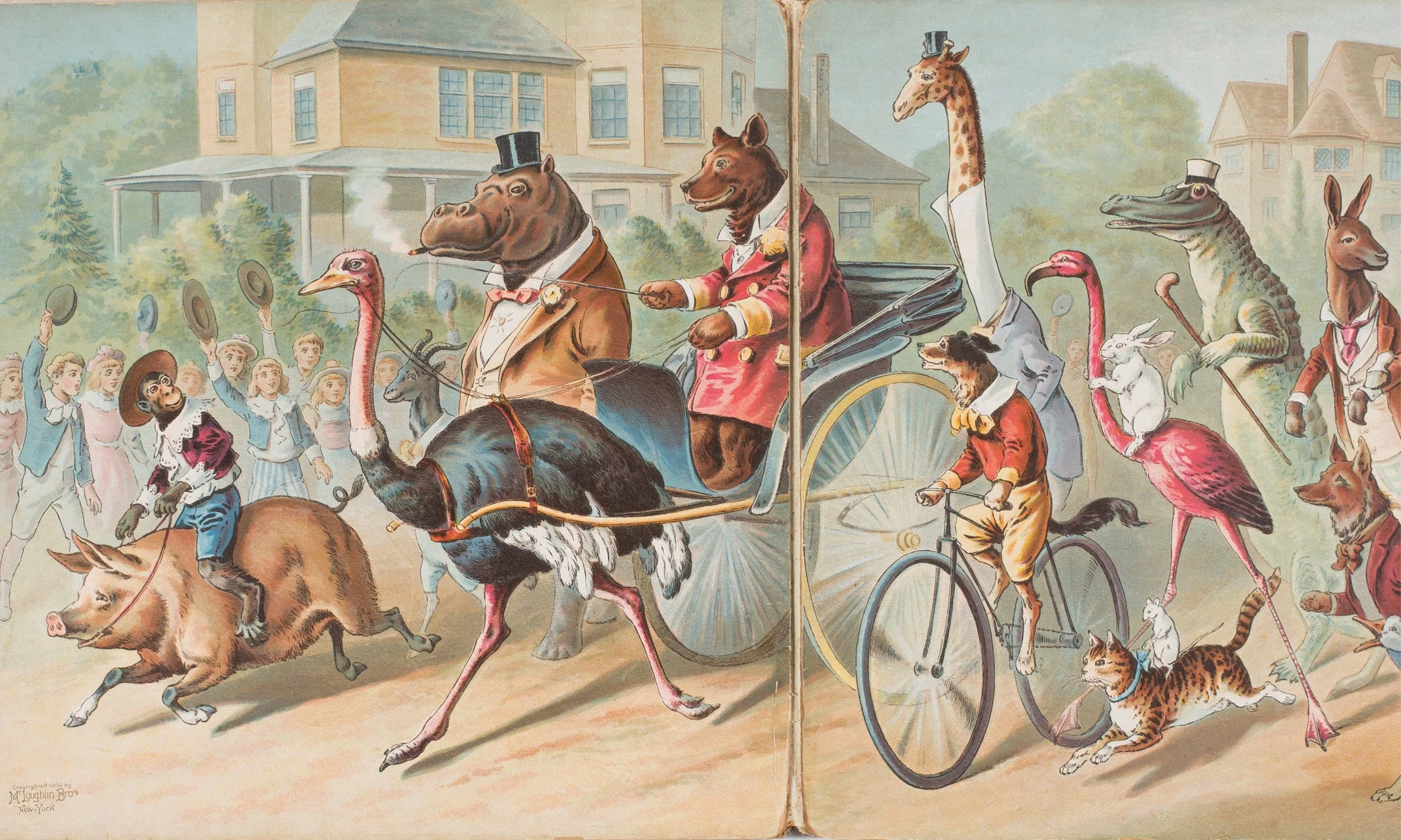 An illustration of anthropomorphic animals participating in a parade, including a bear, a giraffe, a crocodile, and a dog, all dressed in vintage clothing and riding in a carriage or walking. People are watching and waving hats in the background.