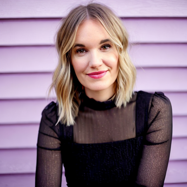 Young woman with blonde, wavy hair wearing a black sheer top, sitting in front of a pink and purple striped wall.