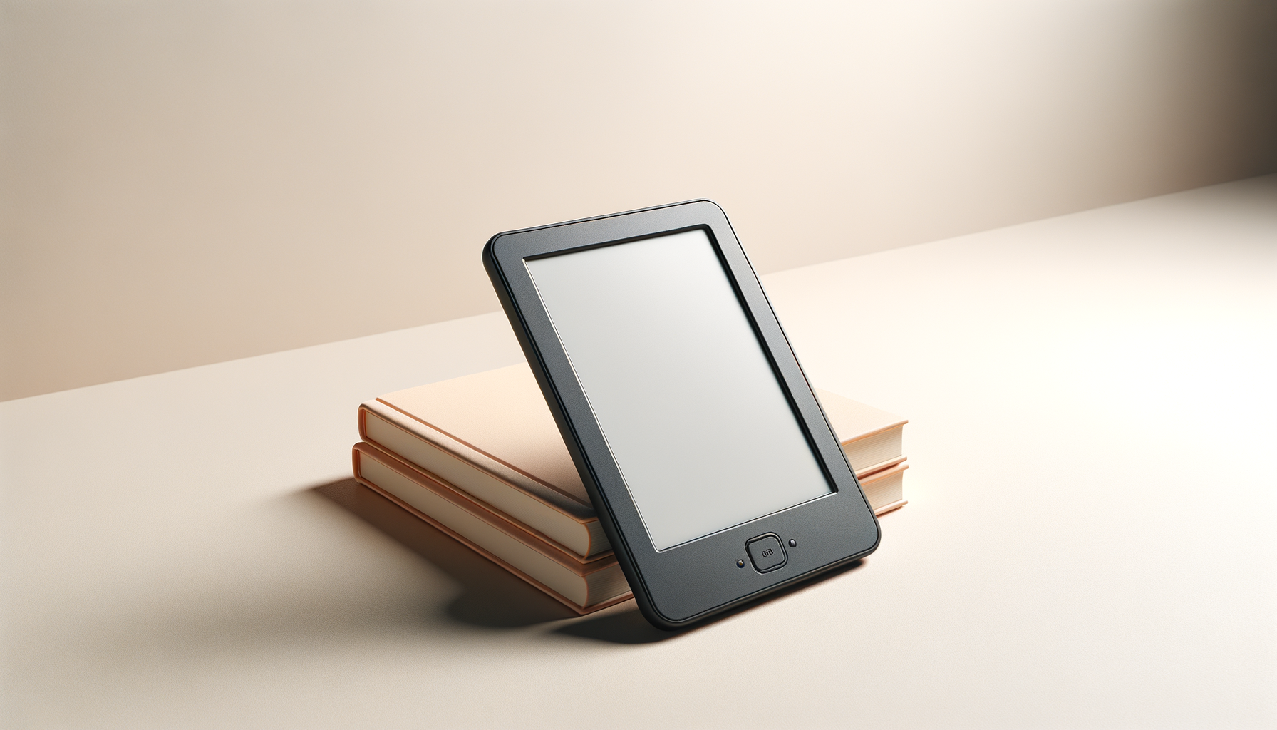 E-reader device leaning against a stack of three closed books on a white surface with a neutral background.