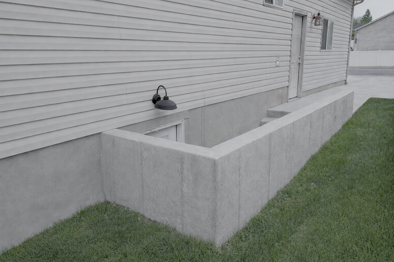 Side of a house with gray horizontal siding, a concrete basement wall, a black outdoor wall light, and a door with stairs leading up to it. There is a grassy yard in front.