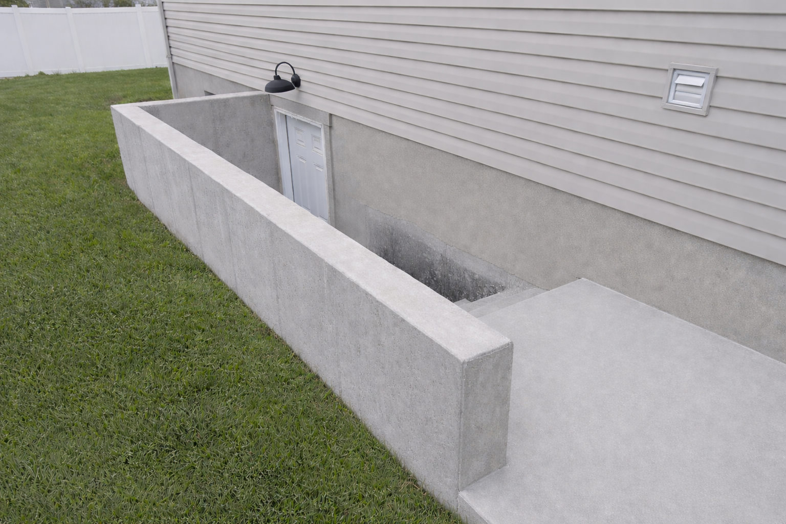 Concrete basement entry with a white door, black exterior light fixture, and a concrete ramp leading down, adjacent to a house with gray siding and a green lawn.