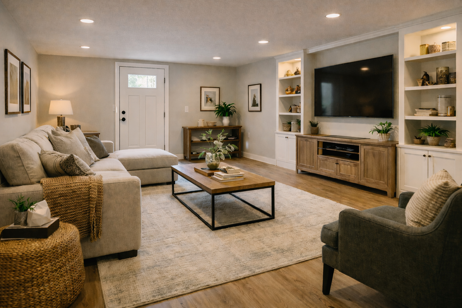 Living room with beige sectional sofa, armchair, wooden coffee table, TV on wooden stand, built-in shelves with decorative items and plants, hardwood floors, and a rug.