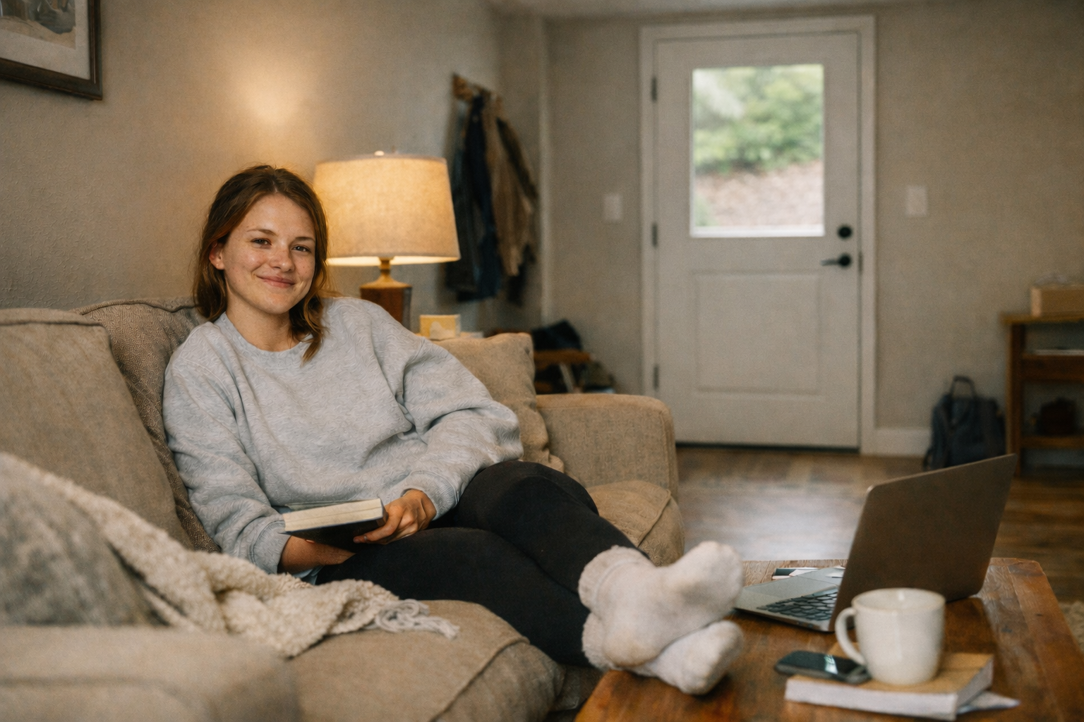 A young woman with brown hair sitting on a beige sofa in a living room, smiling while holding a book, with a laptop and mug on a wooden coffee table in front of her.