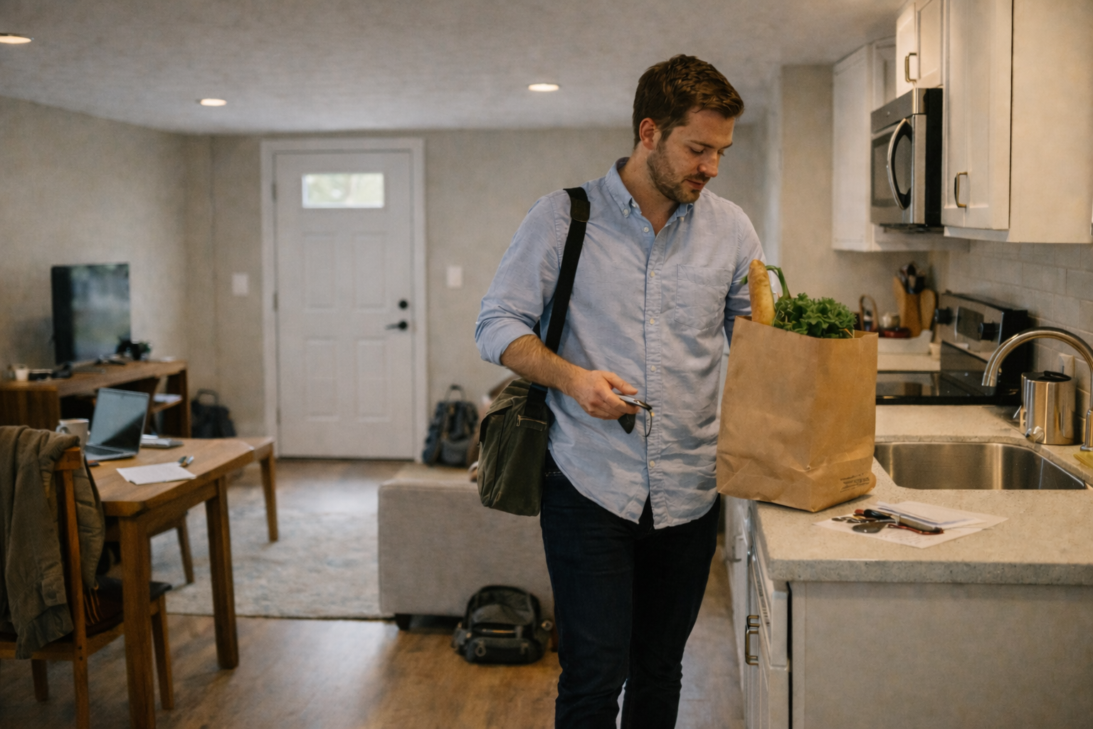 A man stands in a kitchen holding a brown paper grocery bag filled with vegetables and bread, looking inside.