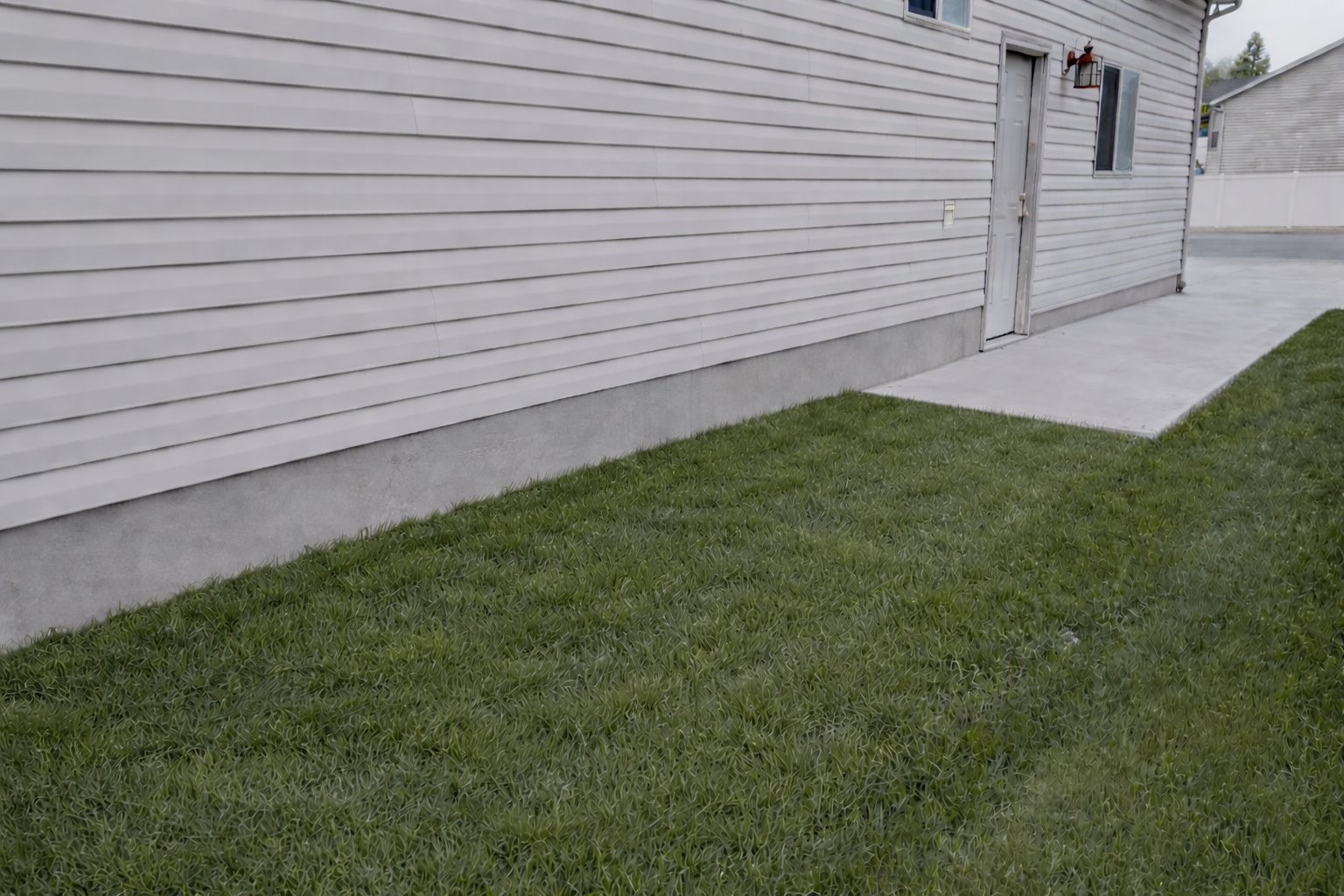 Side of a house with white horizontal siding, concrete foundation, a door, small window, and a light fixture, next to a green lawn and concrete walkway.
