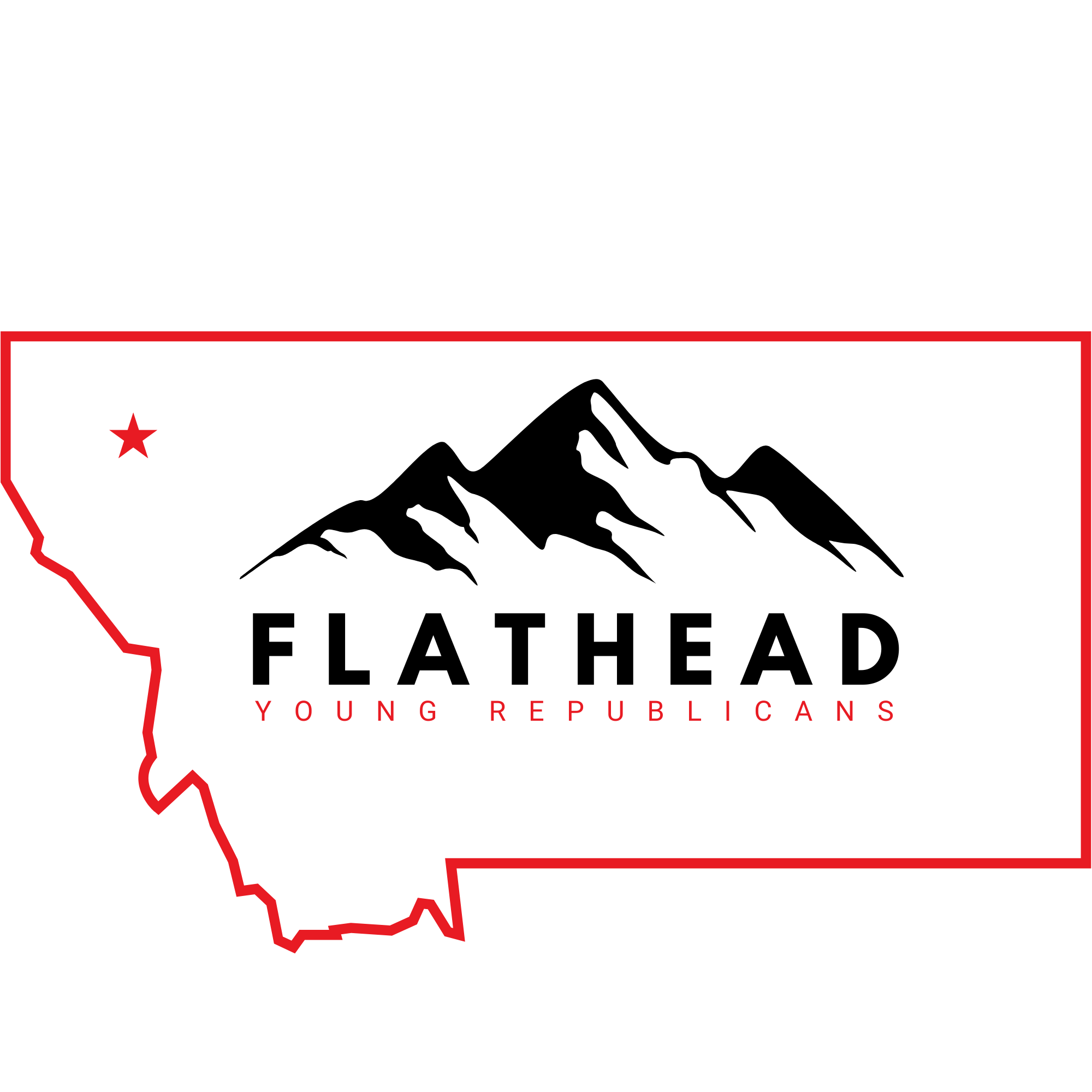 A stylized map outline of the state of Montana with a mountain graphic in the center. The text 'FLATHEAD' is below the mountain in bold black letters, and 'YOUNG REPUBLICANS' is written underneath in red letters. The map border is red, and there is a red star in the top left corner of the map.