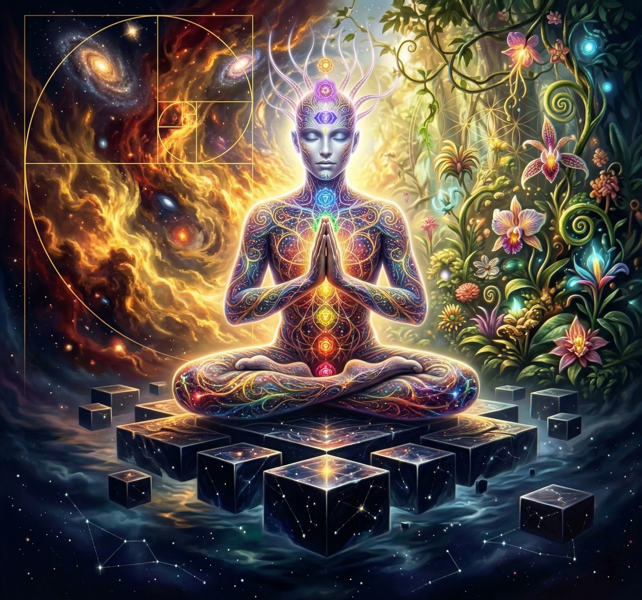 A digital artwork of a meditative figure with a luminous body, sitting cross-legged on floating black cubes in space, surrounded by colorful cosmic and floral elements, with glowing chakras along the central line of the body.