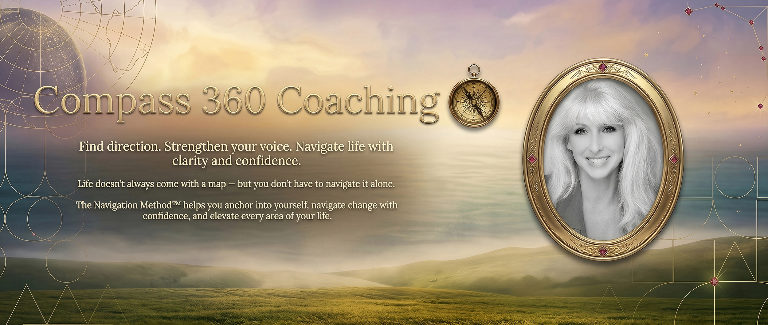 Advertising banner for Compass 360 Coaching featuring a sunset over a landscape, a gold pocket watch, a woman's smiling portrait in a gold ornate frame, and motivational text about navigation and confidence.