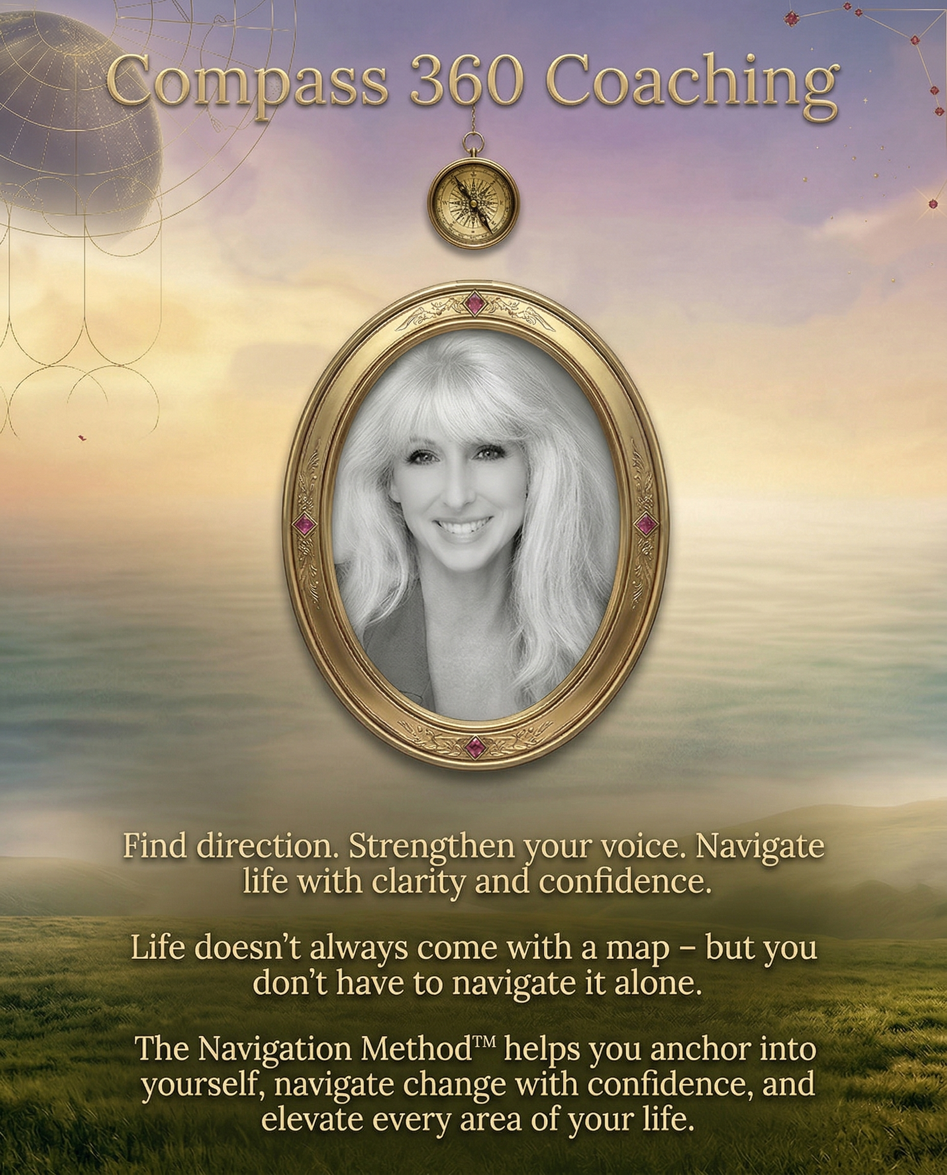 A promotional poster for "Compass 360 Coaching" featuring a woman’s black-and-white portrait in a gold oval frame, with a compass above it, set against a pastel-colored sky and grassy landscape background, with text about direction, voice, confidence, and navigation.