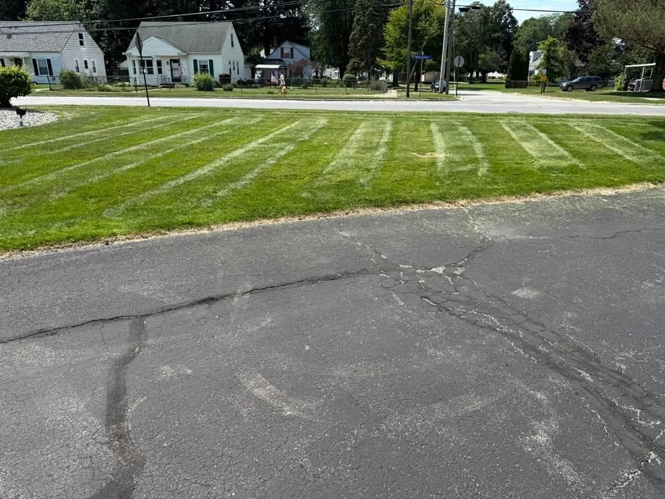 A small, well-maintained grassy lawn with freshly mowed stripes, edged by a cracked paved driveway, with houses and trees in the background.