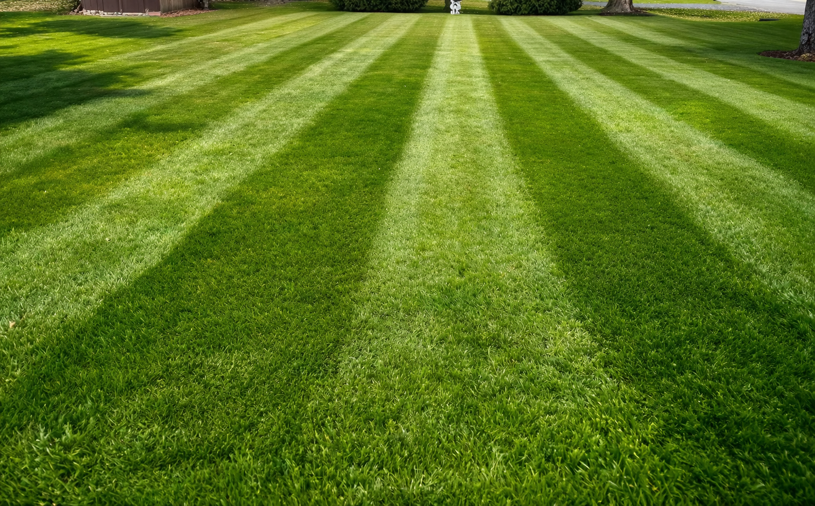 Well-maintained backyard lawn with striped green grass, trees, and sunlight.
