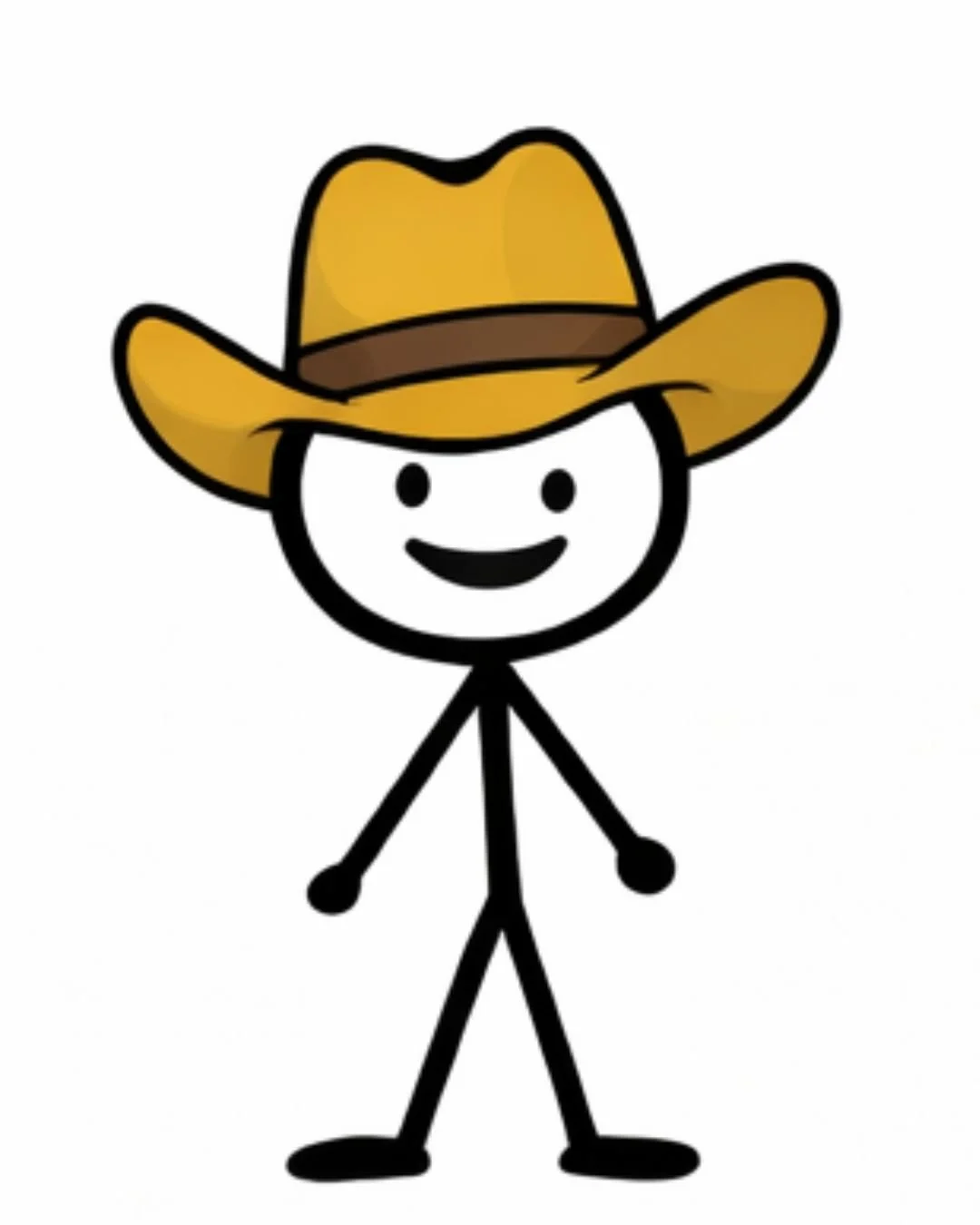 A stick figure cartoon character wearing a cowboy hat, smiling with a simple black outline on a white background.