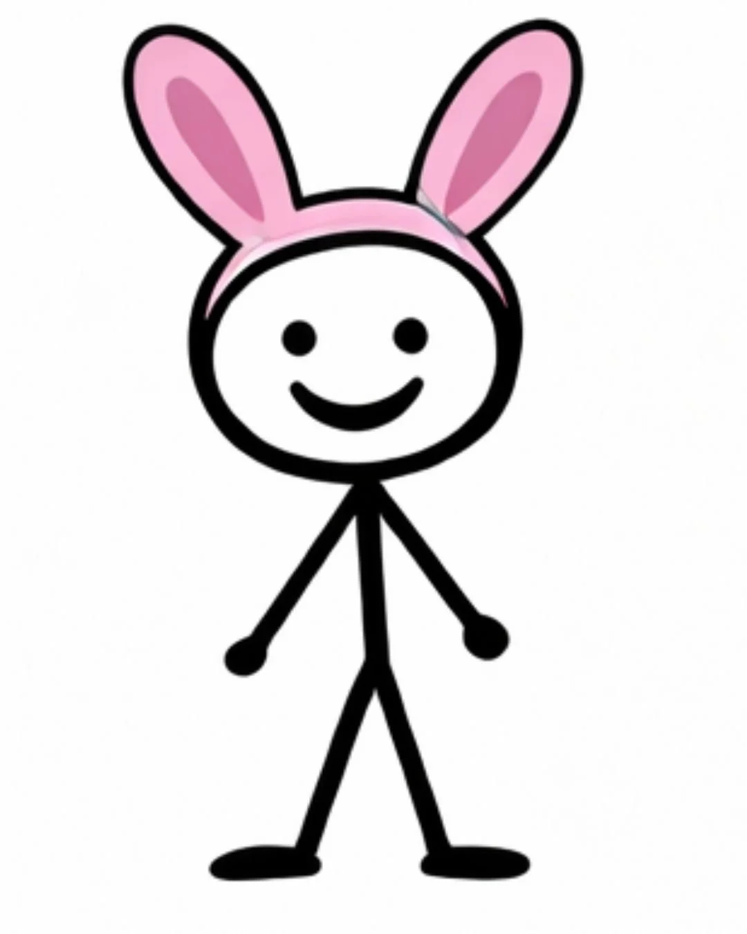 A cartoon stick figure with a smiling face wearing pink bunny ears.