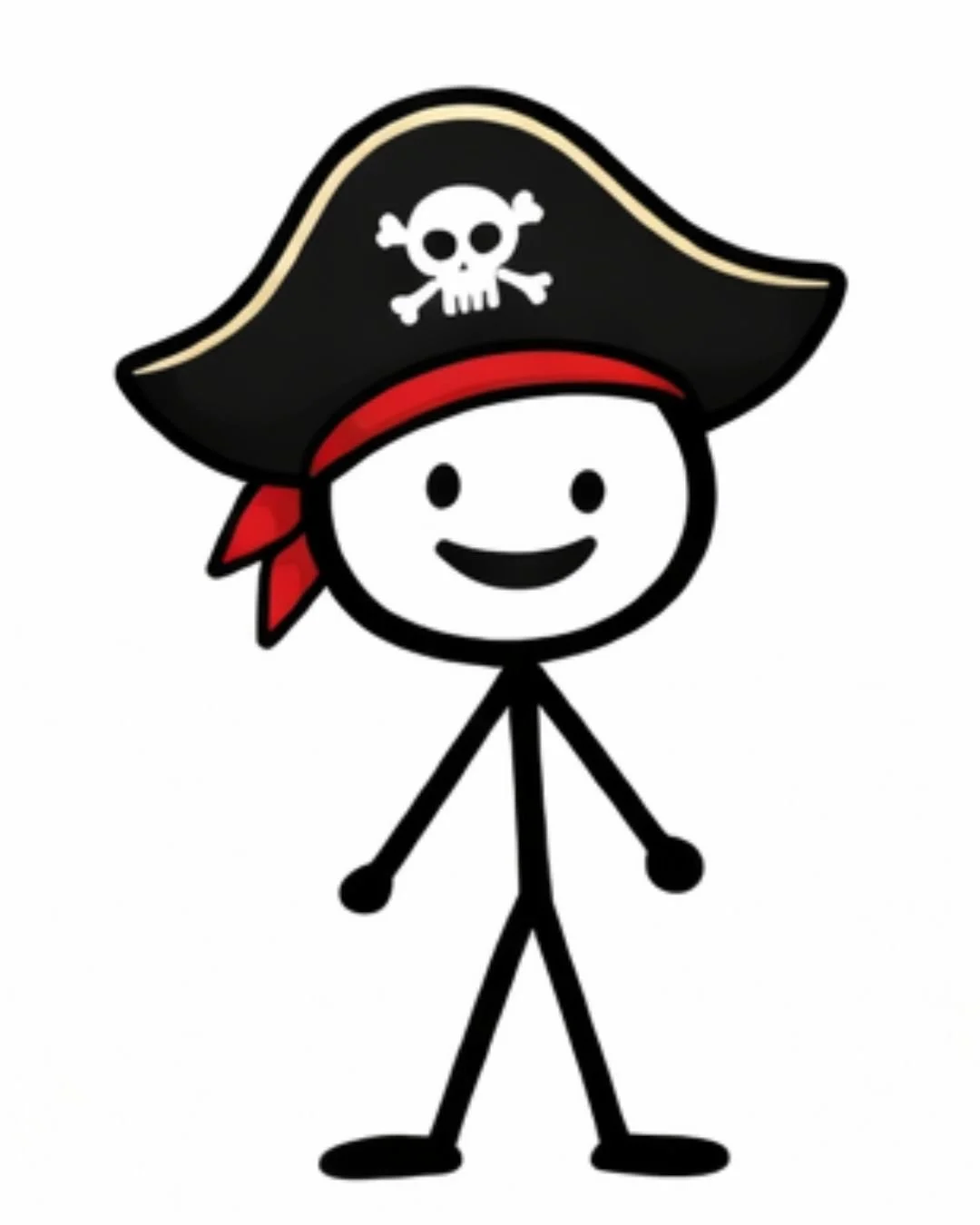Cartoon stick figure of a happy person wearing a pirate hat with a skull and crossbones.