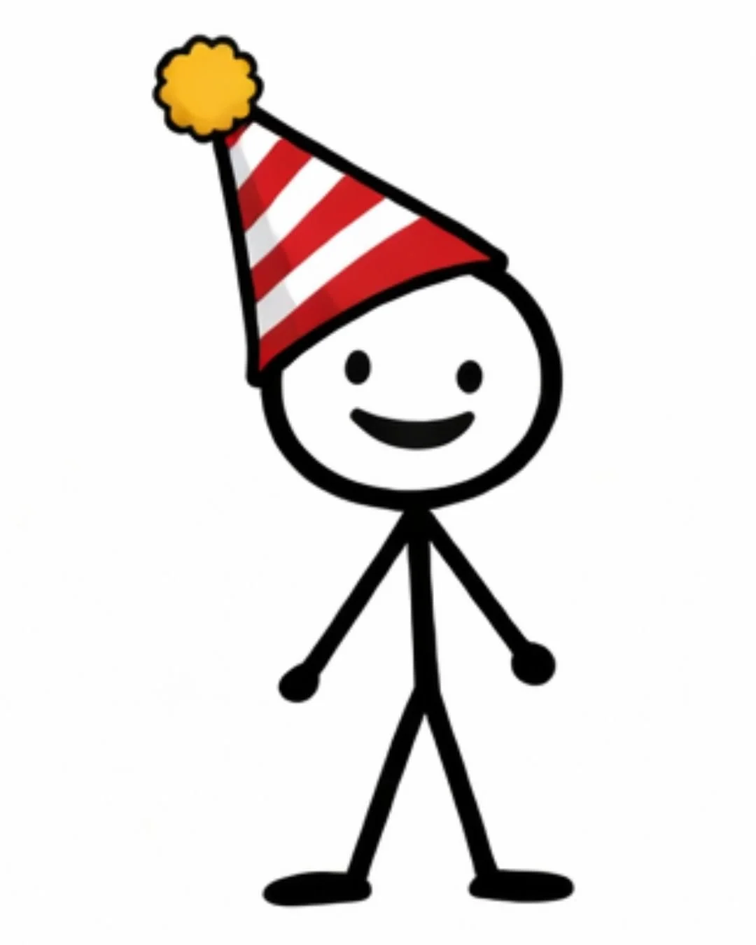 A simple black and white stick figure with a smiling face, wearing a red and white striped party hat with a yellow pom-pom on top.