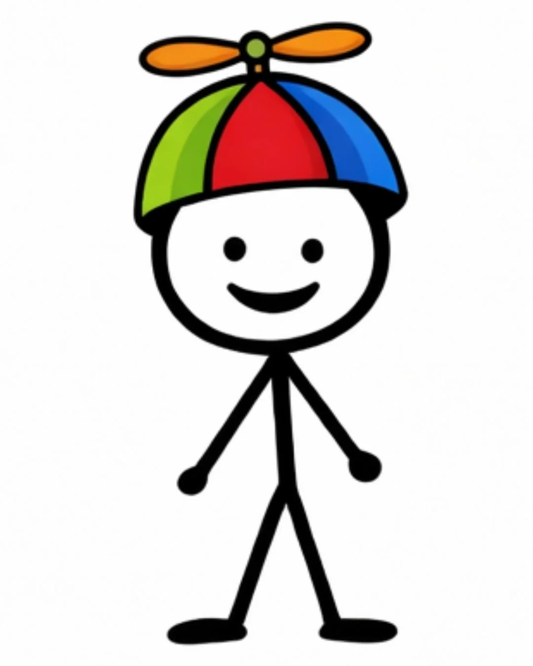 Stick figure person smiling while holding a colorful rainbow umbrella with an orange propeller on top.