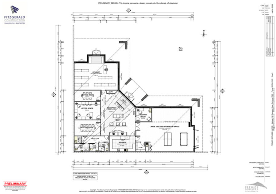 Architectural floor plan of a building with labels for rooms such as kitchen, office, conference room, and large meeting/workshop space. Contains measurements and construction details.