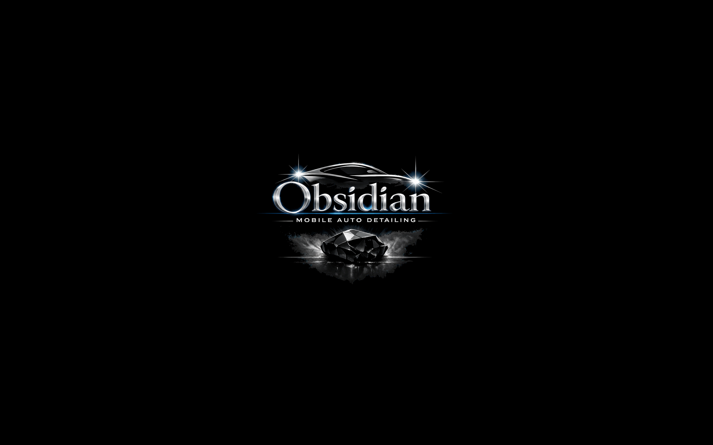 Black background with the logo of Obsidian Mobile Auto Detailing, featuring a sleek car silhouette, a shiny black gemstone, and bright star-like accents.