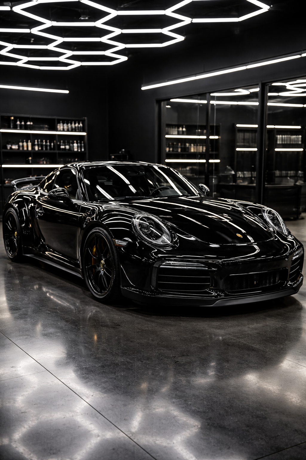 A sleek black sports car, likely a Porsche, parked inside a modern, dimly lit showroom with reflective floors and contemporary lighting fixtures.