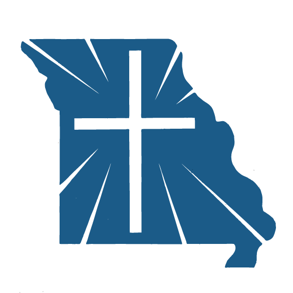 A silhouette of the state of Missouri with a white cross overlay and radiating lines, in blue and white colors.